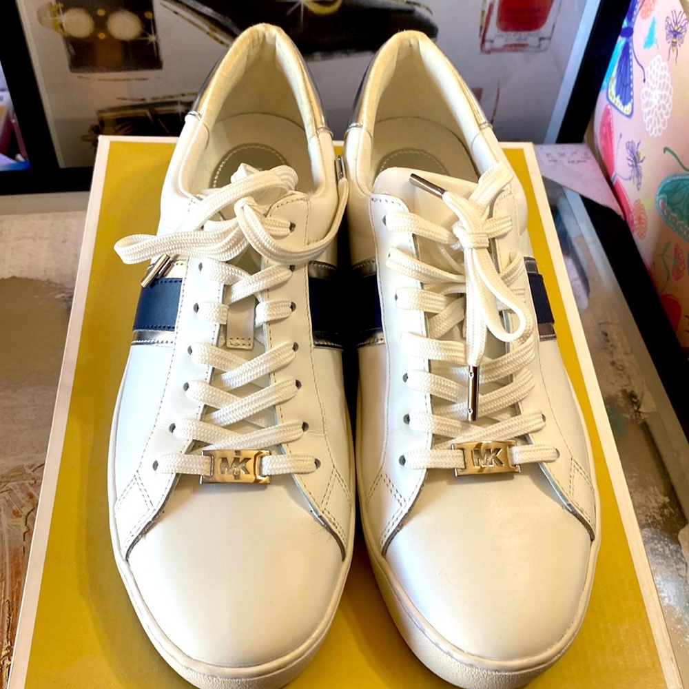 MK Tennis Shoes White, Navy Blue & Silver.